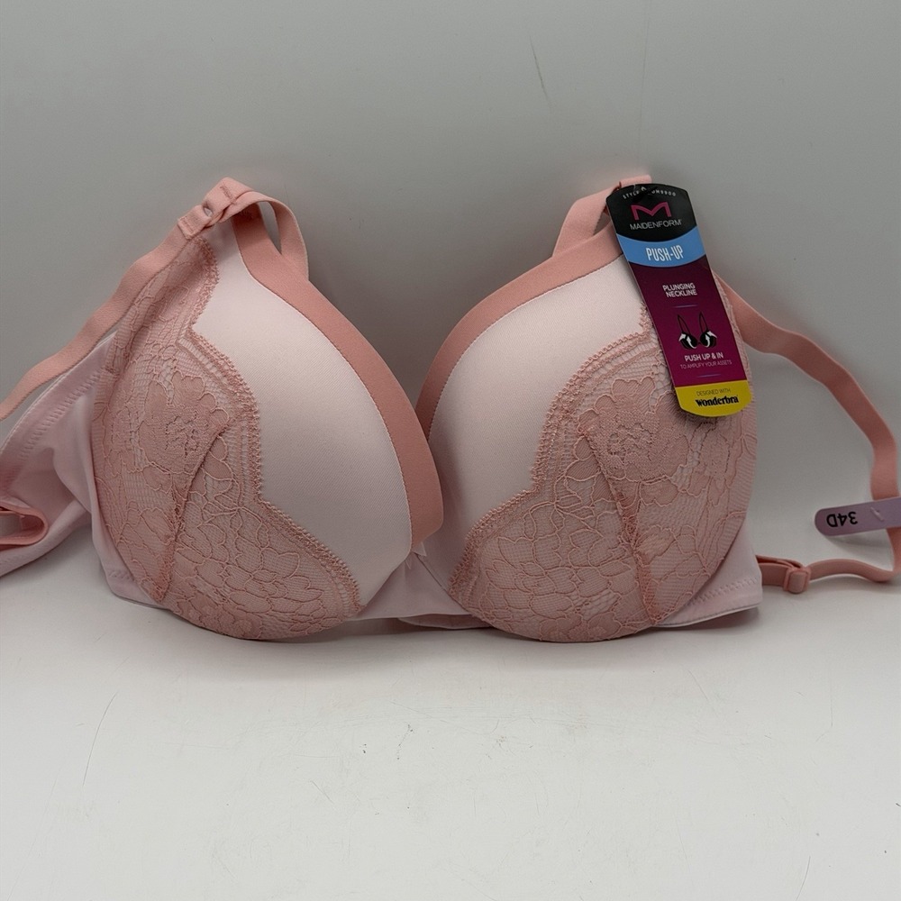 Maidenform Plunging Push-Up Bra DM9900 Pink With Lace Size 34D NWT